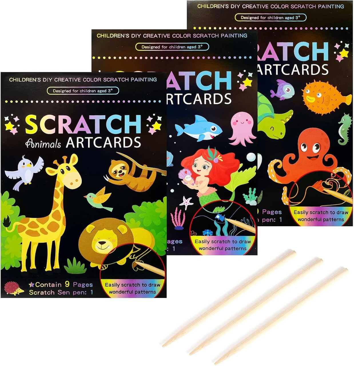 3-Pack Rainbow Scratch Art Set for Kids – Magic Drawing Books with Ocean, Mermaid & Animal Themes, 27 Scratch Papers + 3 Scratch Pens, DIY Craft Kit & Birthday Party Activity Gift for Girls & Boys (Animals)